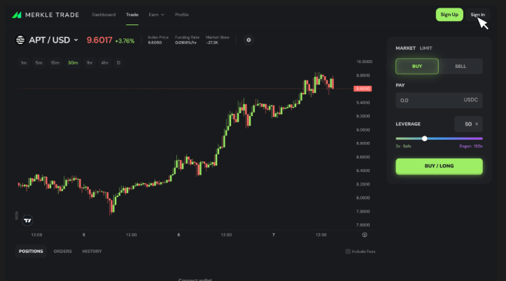 Merkle Trade Exchange arayüzü