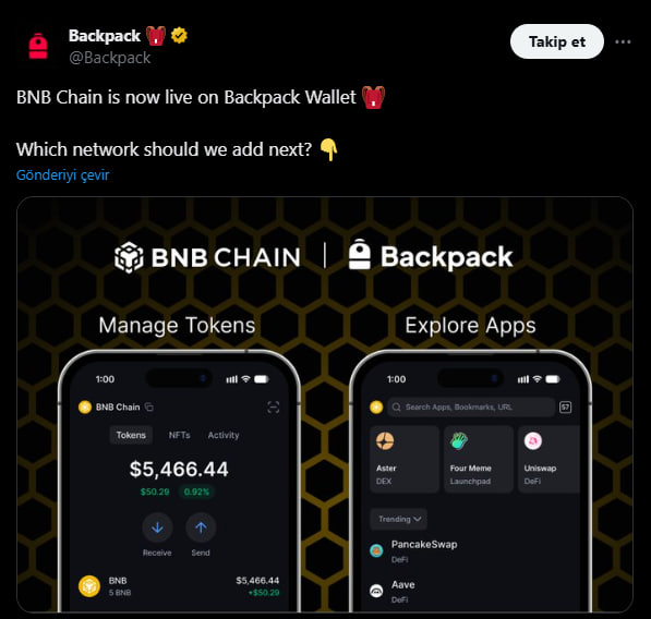 Backpack Wallet, BNB Chain paylaşımı.