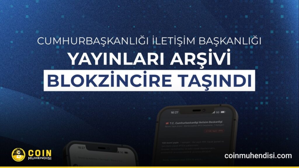 Cumhurbaşkanlığı İletişim Başkanlığı’nın Ethereum blokzinciri ve IPFS teknolojisi ile dijital yayın arşivini güvence altına almasını temsil eden blockchain temalı görsel
