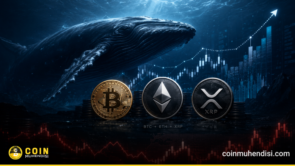 Bitcoin, Ethereum ve XRP balinalarının birikimini gösteren kripto para görseli